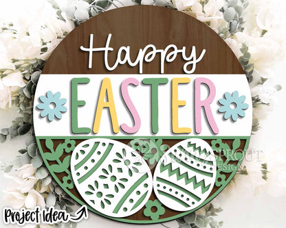 Happy Easter Egg Pattern Sign, Digital download, SVG laser cut file, Cricut, Round door hanger design