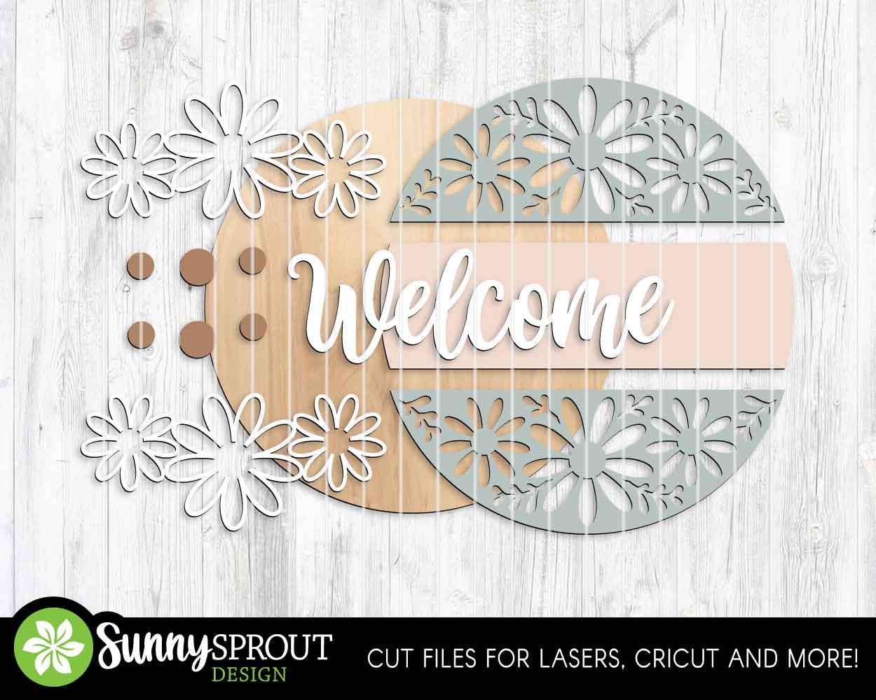 Welcome Flower Pattern Sign, Digital Download, SVG Laser Cut File, Cricut, Spring Summer Round Door Hanger Design