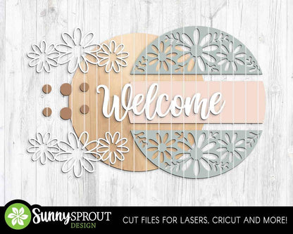 Welcome Flower Pattern Sign, Digital Download, SVG Laser Cut File, Cricut, Spring Summer Round Door Hanger Design