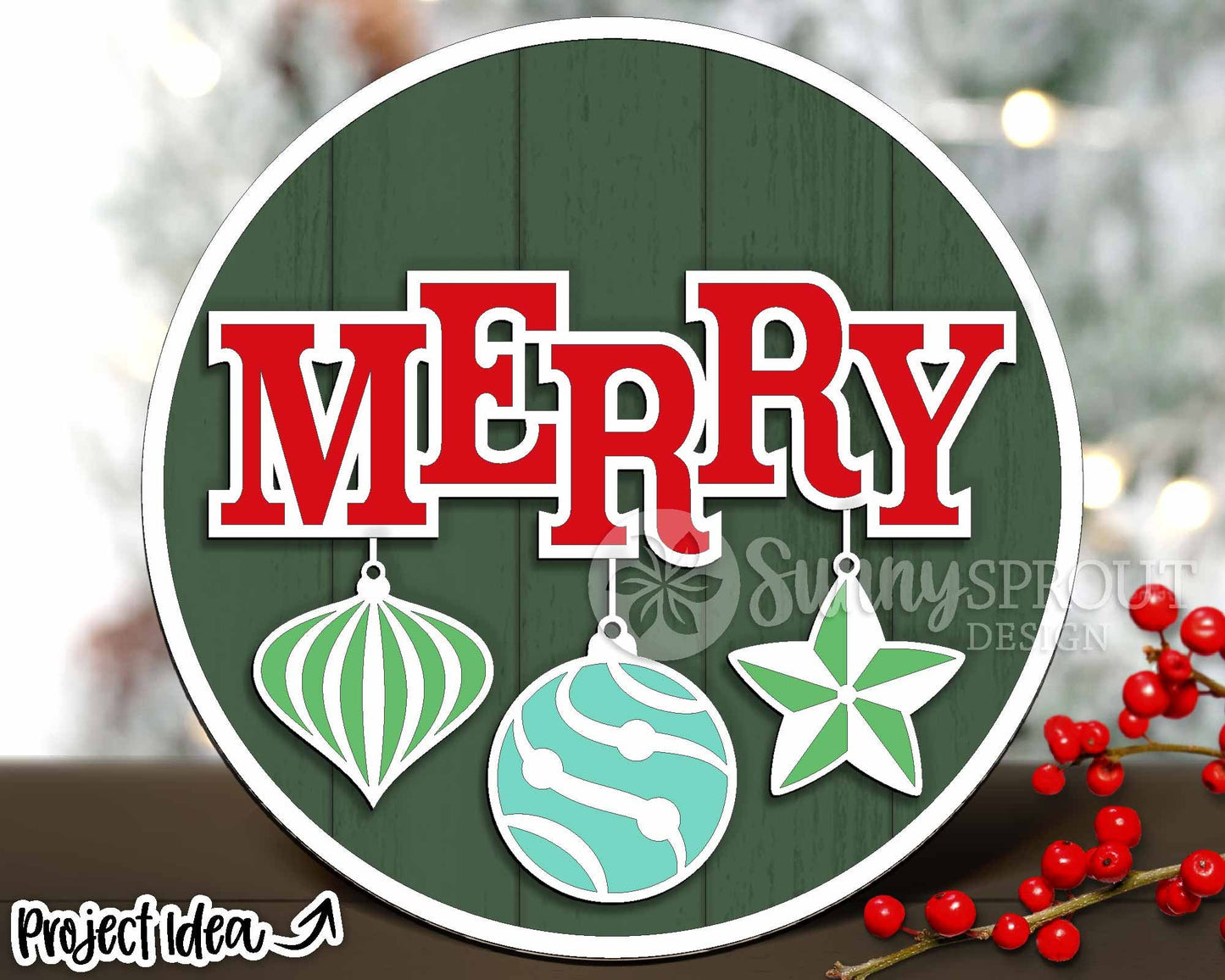 Merry Ornament Sign, Digital Download, SVG Laser Cut File, Cricut, Round Door Hanger Design, Christmas Decor