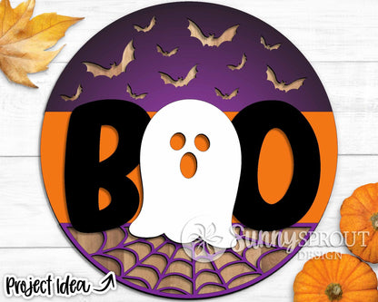 Boo Ghost Sign, Digital Download, SVG Laser Cut File, Cricut, Round Halloween Door Hanger Design
