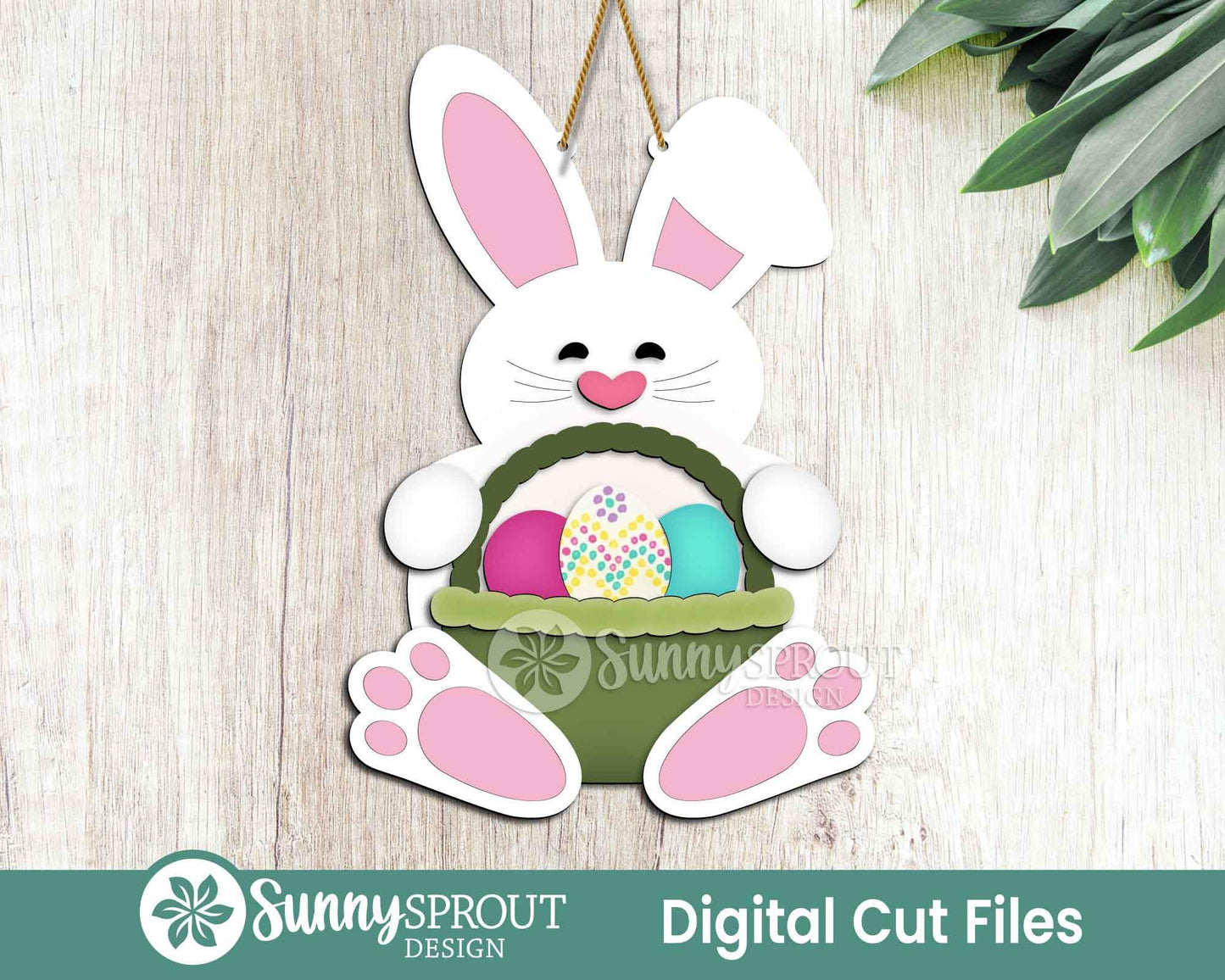 Easter Bunny & Egg Basket Sign, Digital download, SVG laser cut file, Cricut, Door hanger design