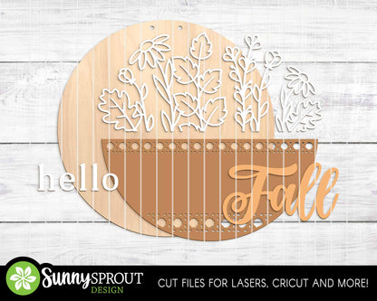 Hello Fall Wildflowers Sign, Digital Download, SVG Laser Cut File, Cricut, Round Floral Door Hanger Design