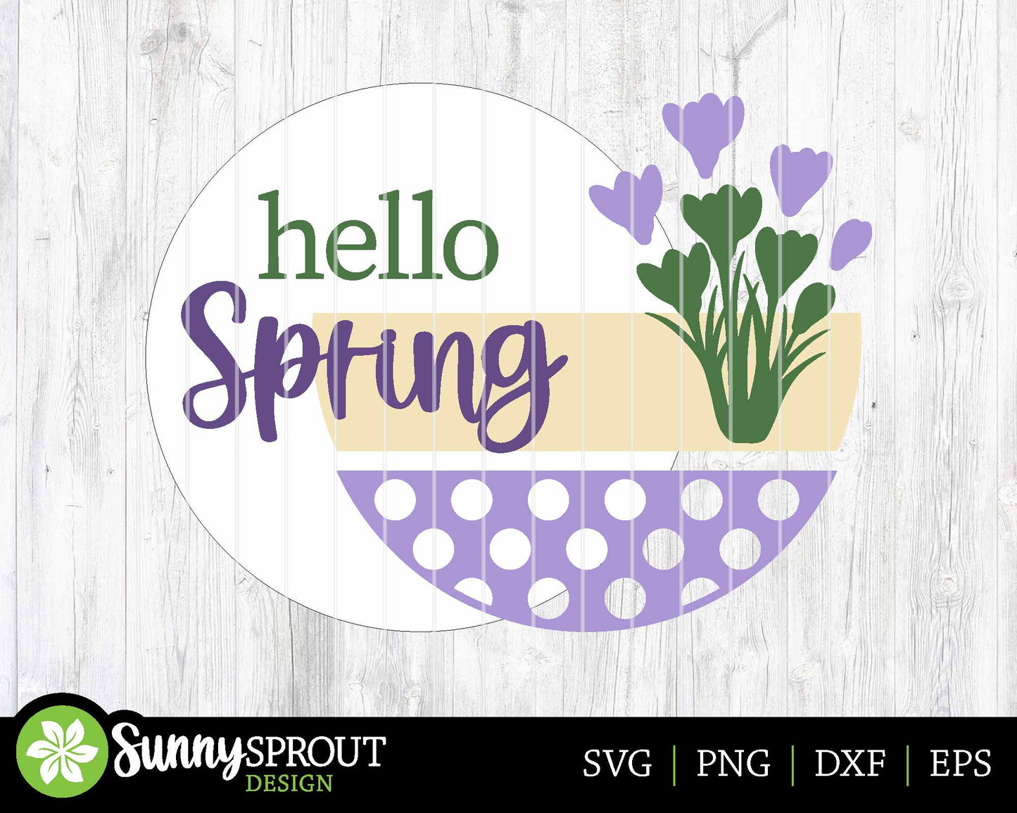 Hello Spring Crocus Flower Sign, Digital download, SVG laser cut file, Cricut, Round door hanger design