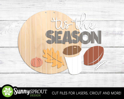 Tis the Season Fall Football Sign, Digital Download, SVG Laser Cut File, Cricut, Round Fall Door Hanger Design, Sports Decor