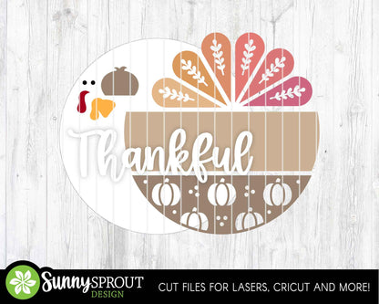 Thankful Turkey Pumpkin Sign, Digital Download, SVG Laser Cut File, Cricut, Round Fall Thanksgiving Door Hanger Design