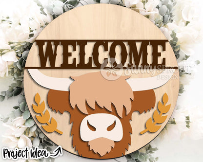 Welcome Highland Cow Sign, Digital download, SVG Laser cut file, Cricut, Round door hanger design, Farm animal decor