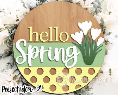 Hello Spring Crocus Flower Sign, Digital download, SVG laser cut file, Cricut, Round door hanger design