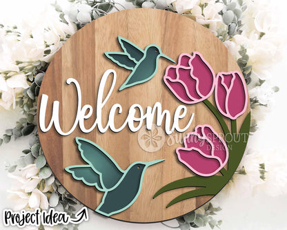Welcome Hummingbird Tulips Sign, Digital download, SVG Laser cut file, Cricut, Round door hanger design, Spring summer decor