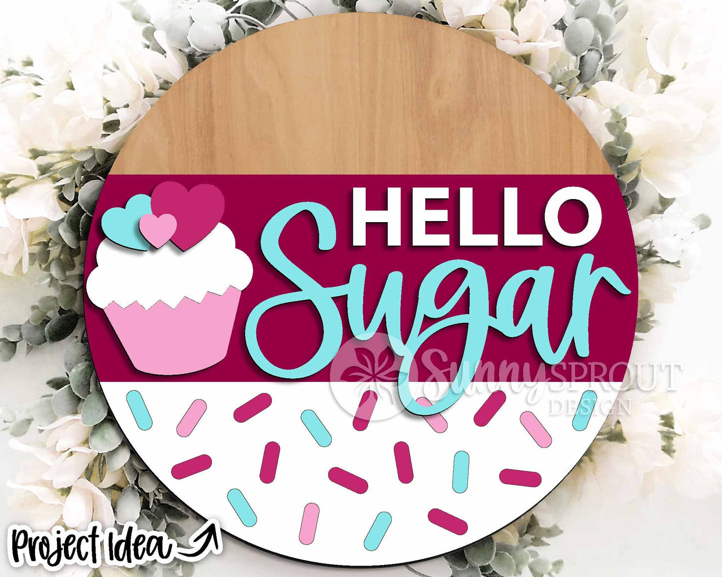 Hello Sugar Cupcake Welcome Sign, Digital Download, SVG Laser Cut File, Cricut, Round Door Hanger Design, Valentine's Day Decor