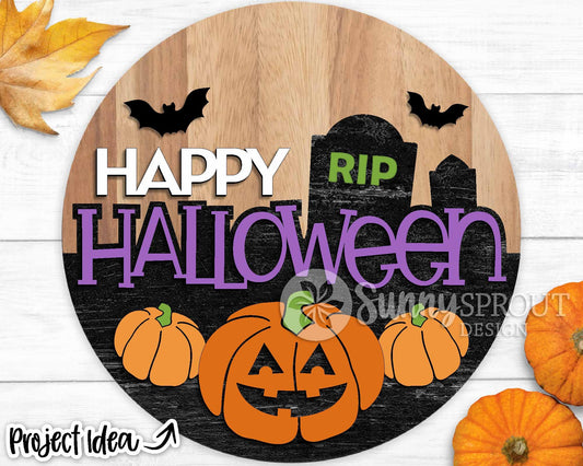Happy Halloween Graveyard Pumpkin Sign, Digital Download, SVG Laser Cut File, Cricut, Round Halloween Door Hanger Design