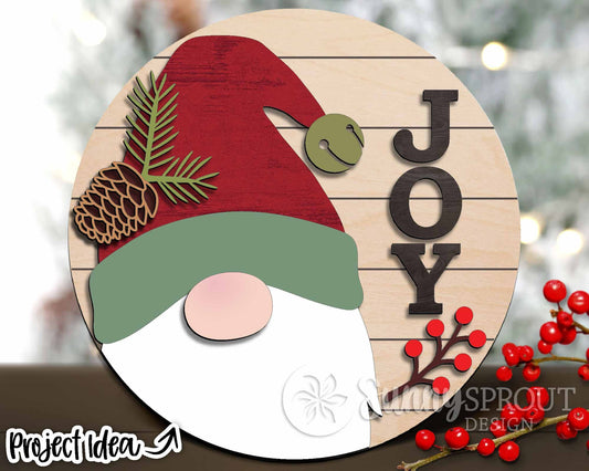 JOY Santa Gnome Sign, Digital Download, SVG Laser Cut File, Cricut, Round Door Hanger Design, Christmas Decor