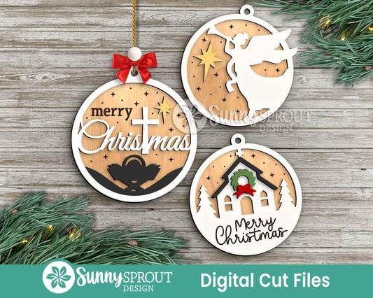 Round Christmas Ornament Bundle, Digital download, SVG laser cut file, Cricut, Christian Nativity design