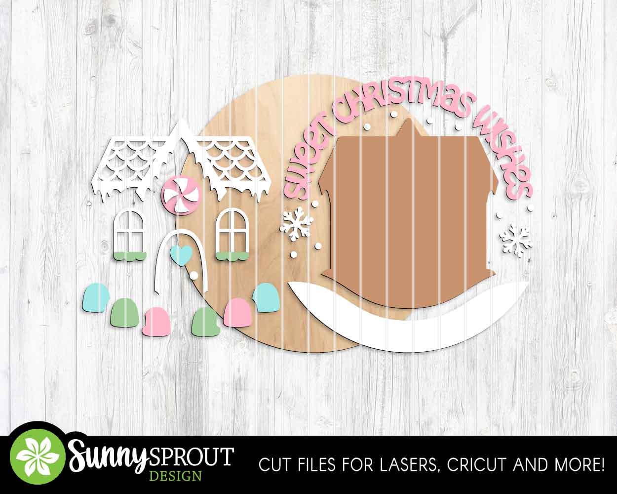 Sweet Christmas Wishes Gingerbread House Sign, Digital Download, SVG Laser Cut File, Cricut, Round Door Hanger Design
