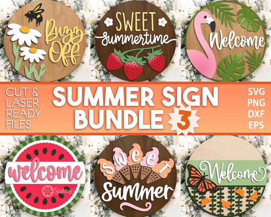 Summer Laser Sign Bundle 3, Round door hanger svg, Glowforge laser file, Cricut cut file, Front door welcome sign