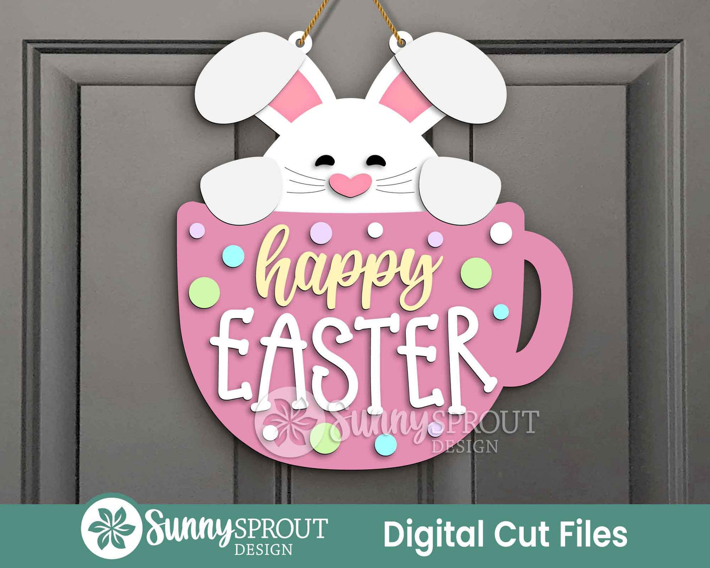 Happy Easter Bunny Mug Sign, Digital download, SVG Laser cut file, Cricut, Door hanger wall art design, Spring decor