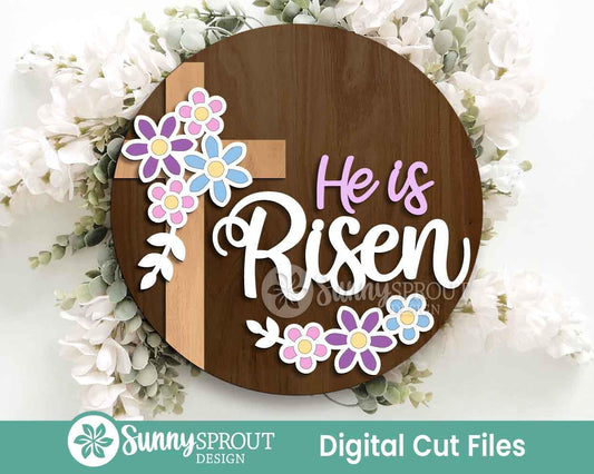 He Is Risen Cross Flowers Sign, Digital download, SVG Laser cut file, Cricut, Round door hanger design, Christian Easter decor