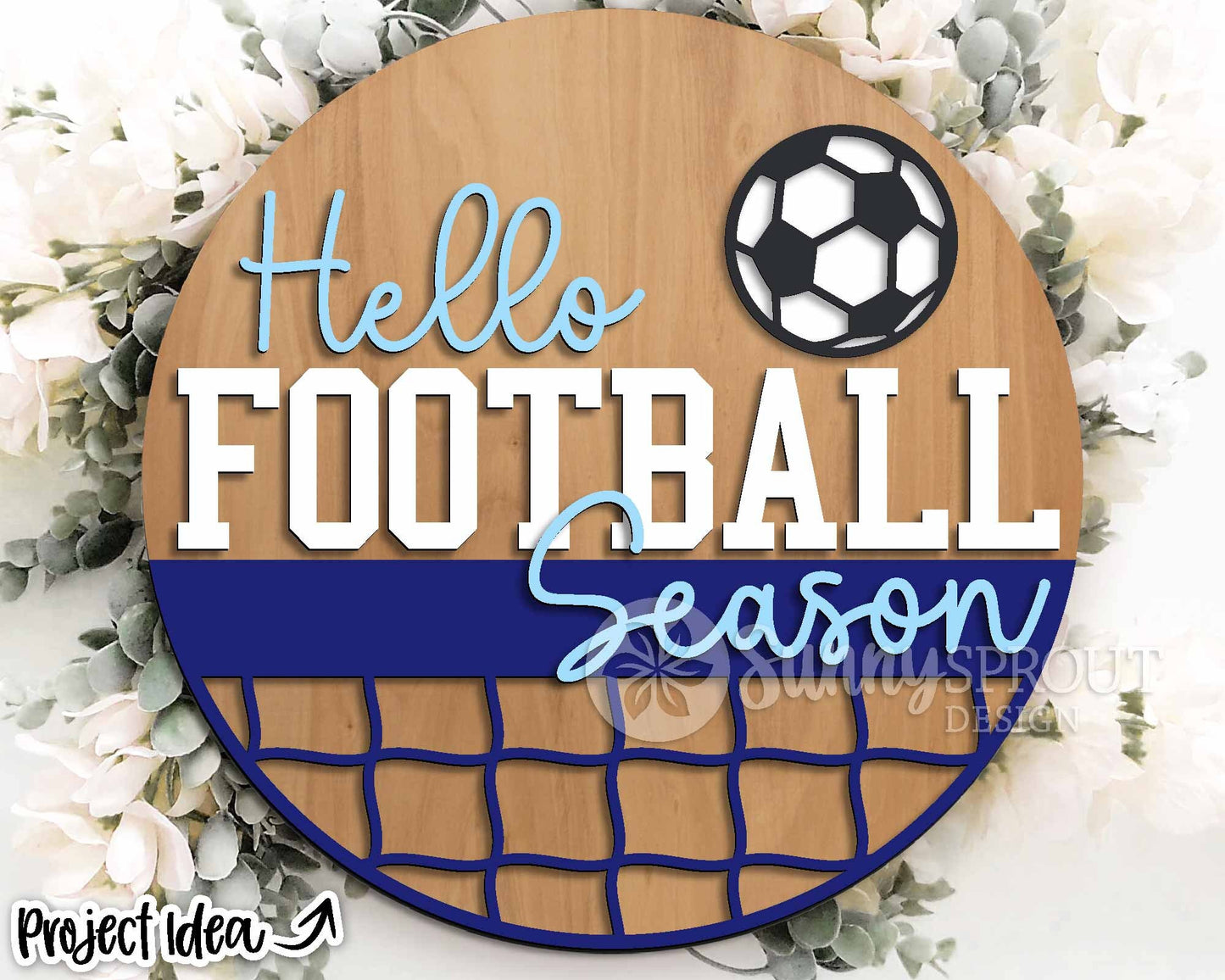 Hello Football Soccer Season Sign, Digital Download, SVG Laser Cut File, Cricut, Round Door Hanger Wall Art Design, Sports Decor