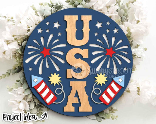 USA Fireworks Stars Sign, Digital Download, SVG Laser Cut File, Cricut, Round Door Hanger Design, Patriotic 4th of July Decor