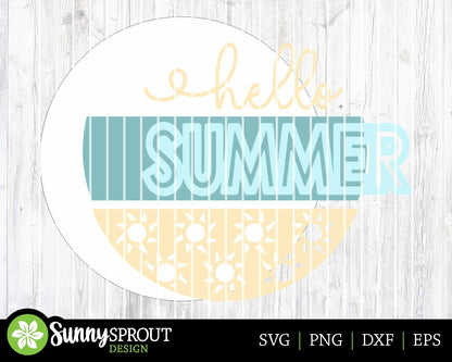 Hello Summer Sun Pattern Sign, Digital Download, SVG Laser Cut File, Round Door Hanger Design