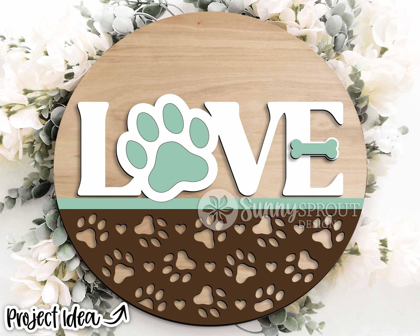 Love Paw Print Heart Bone Sign, Digital Download, SVG Laser Cut File, Cricut, Round Door Hanger Design, Valentine's Day Cat Decor