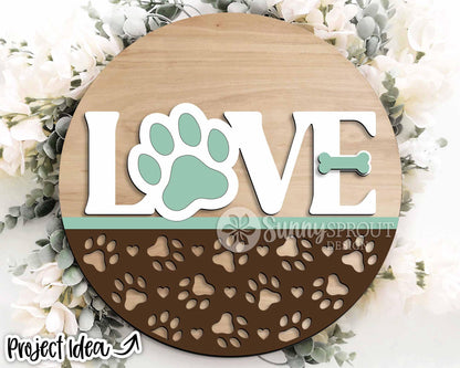 Love Paw Print Heart Bone Sign, Digital Download, SVG Laser Cut File, Cricut, Round Door Hanger Design, Valentine's Day Cat Decor