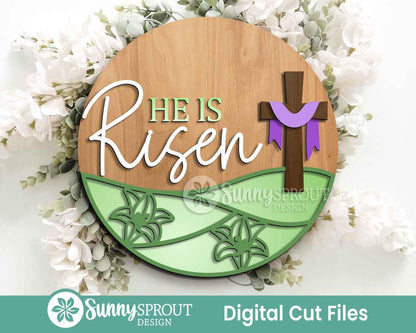 He Is Risen Cross Lily Sign, Digital download, SVG laser cut file, Cricut, Round door hanger design, Christian Easter decor