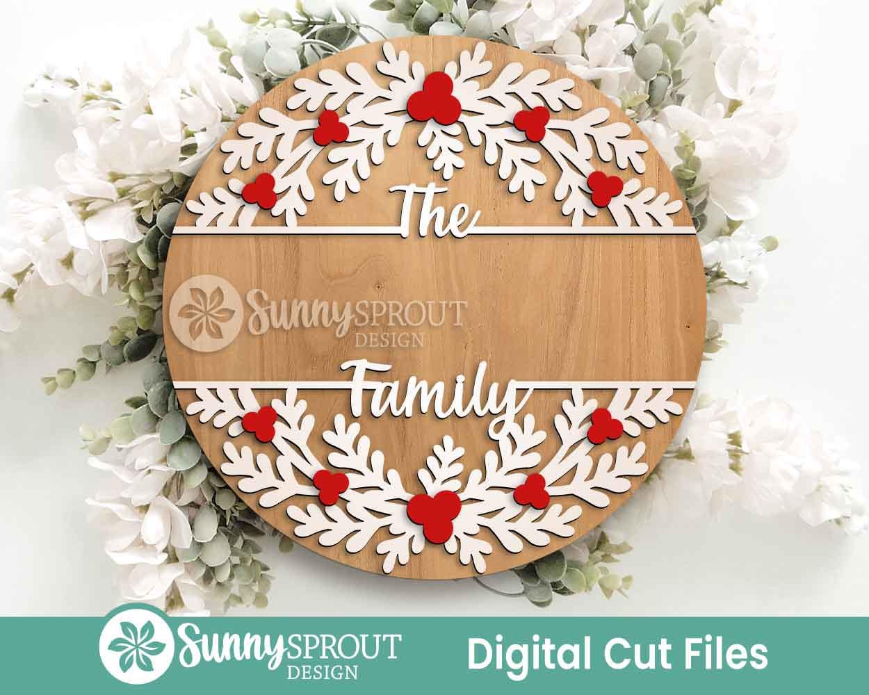 Holly Split Frame Family Name Monogram Sign, Digital Download, SVG Laser Cut File, Cricut, Round Door Hanger Design, Christmas Decor