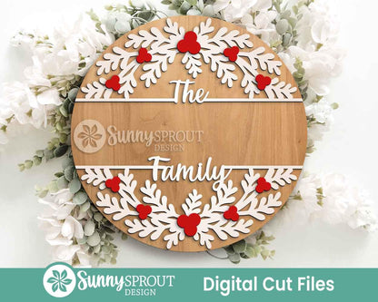 Holly Split Frame Family Name Monogram Sign, Digital Download, SVG Laser Cut File, Cricut, Round Door Hanger Design, Christmas Decor