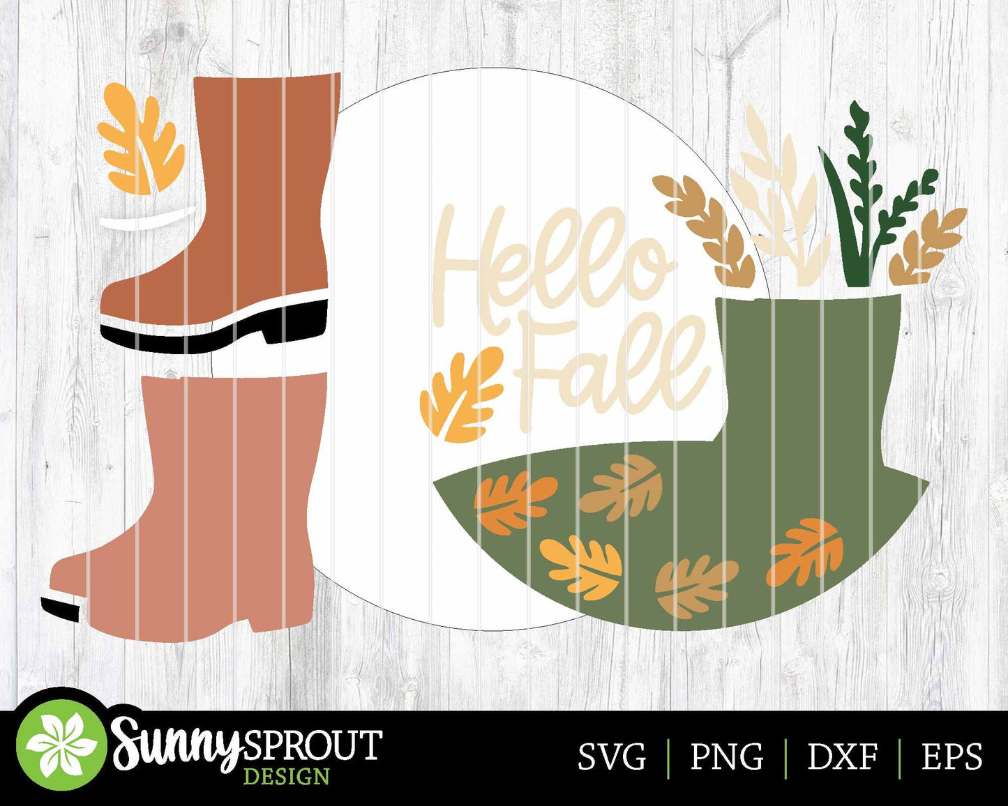 Hello Fall Boots Floral Leaf Sign, Digital Download, SVG Laser Cut File, Cricut, Round Welcome Door Hanger Design