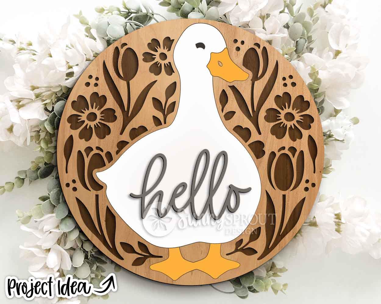 Hello Goose Floral Pattern Sign, Digital download, SVG Laser cut file, Cricut, Round door hanger design, Spring summer decor