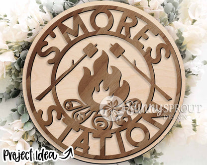 Smores Station Campfire Sign, Digital download, SVG Laser cut file, Cricut, Round door hanger design, Camping cabin outdoor decor