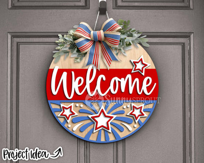 Welcome Fireworks Stars Sign, Digital Download, SVG Laser Cut File, Cricut, Round Door Hanger Design, Patriotic 4th of July Decor