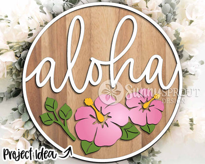Aloha Hibiscus Flower Sign, Digital Download, SVG Laser Cut File, Cricut, Summer Tropical Round Door Hanger Design
