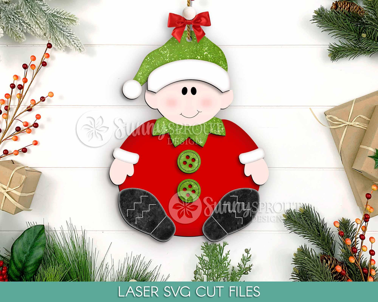 Sitting Santa's Elf Christmas Ornament, Digital download, SVG laser cut file, Cricut, Christmas design