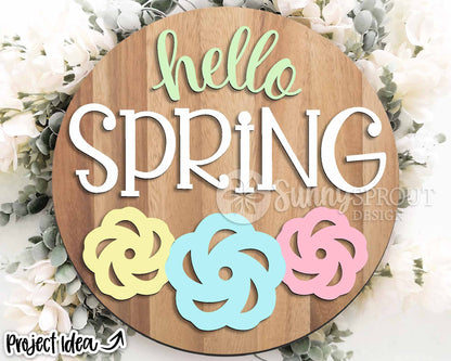 Hello Spring Flowers Sign, Digital download, SVG Laser cut file, Cricut, Round door hanger design