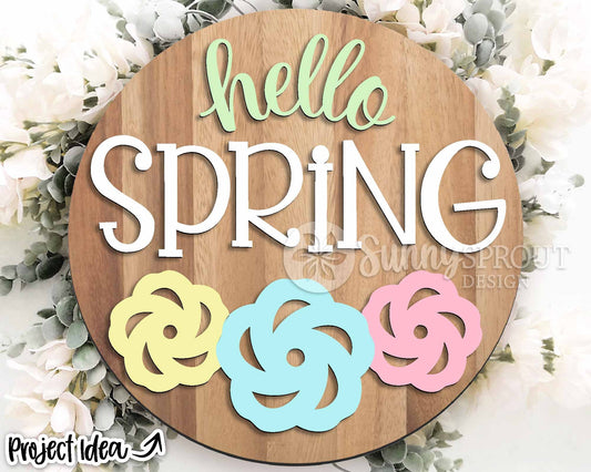 Hello Spring Flowers Sign, Digital download, SVG Laser cut file, Cricut, Round door hanger design