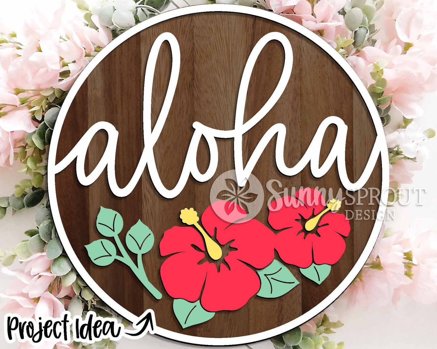 Aloha Hibiscus Flower Sign, Digital Download, SVG Laser Cut File, Cricut, Summer Tropical Round Door Hanger Design