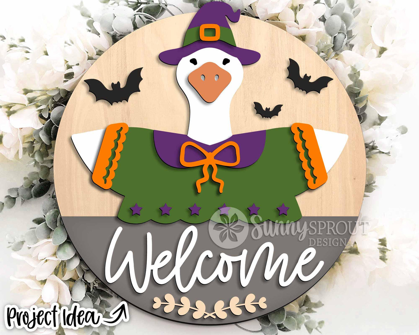 Goose Welcome Halloween Witch Sign, Digital Download, SVG Laser Cut File, Cricut, Round Halloween Door Hanger Design, Interchangeable Outfit