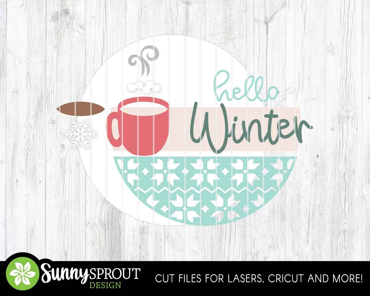 Hello Winter Hot Cocoa Mug Sign, Round door hanger svg, Glowforge laser cut file, Cricut, Christmas decor, Welcome svg