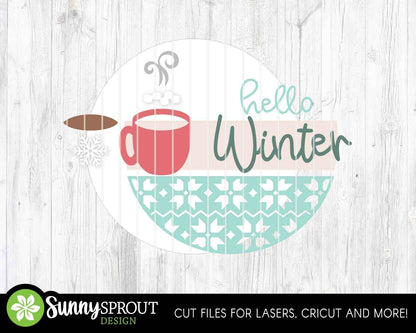 Hello Winter Hot Cocoa Mug Sign, Round door hanger svg, Glowforge laser cut file, Cricut, Christmas decor, Welcome svg