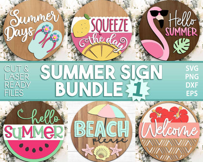 Summer Laser Sign Bundle, Round door hanger svg, Glowforge laser file, Cricut, Front door welcome sign, Hello Summer svg