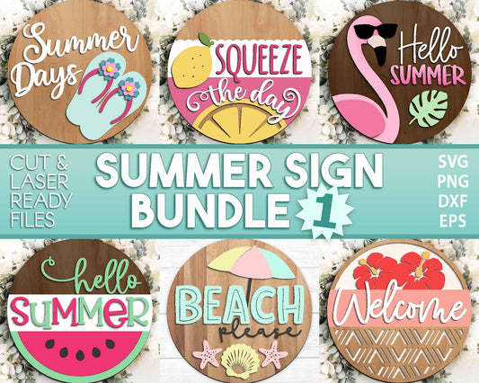 Summer Laser Sign Bundle, Round door hanger svg, Glowforge laser file, Cricut, Front door welcome sign, Hello Summer svg