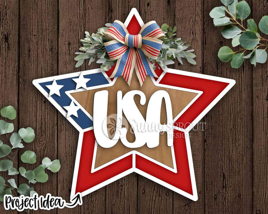 USA Barn Quilt Star Sign, Digital Download, SVG Laser Cut File, Cricut, Summer Door Hanger Design, Patriotic 4th of July Decor