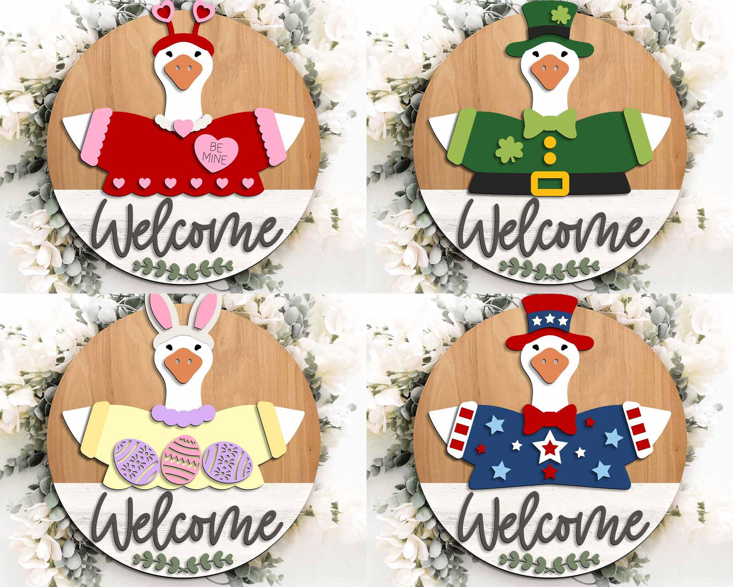 Goose Interchangeable Outfit Sign Bundle, Round door hanger svg, Glowforge laser file, Cricut, Seasonal welcome door sign