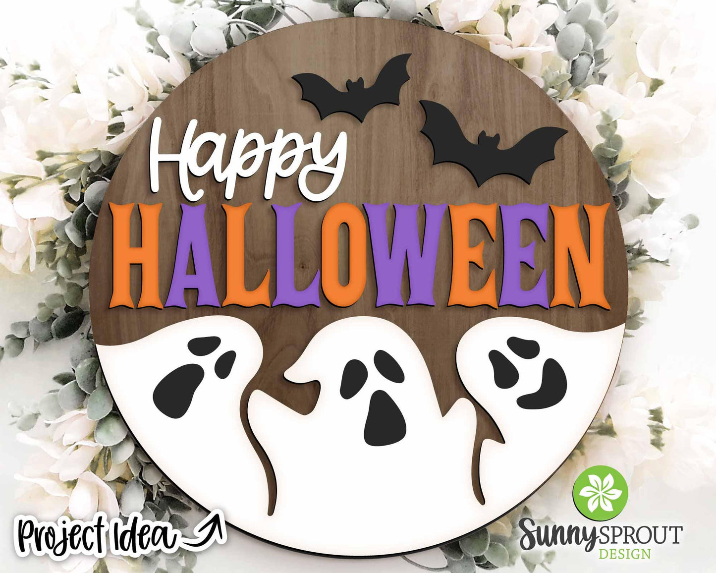 Happy Halloween Ghosts Bats Sign, Digital Download, SVG Laser Cut File, Cricut, Round Welcome Door Hanger Design