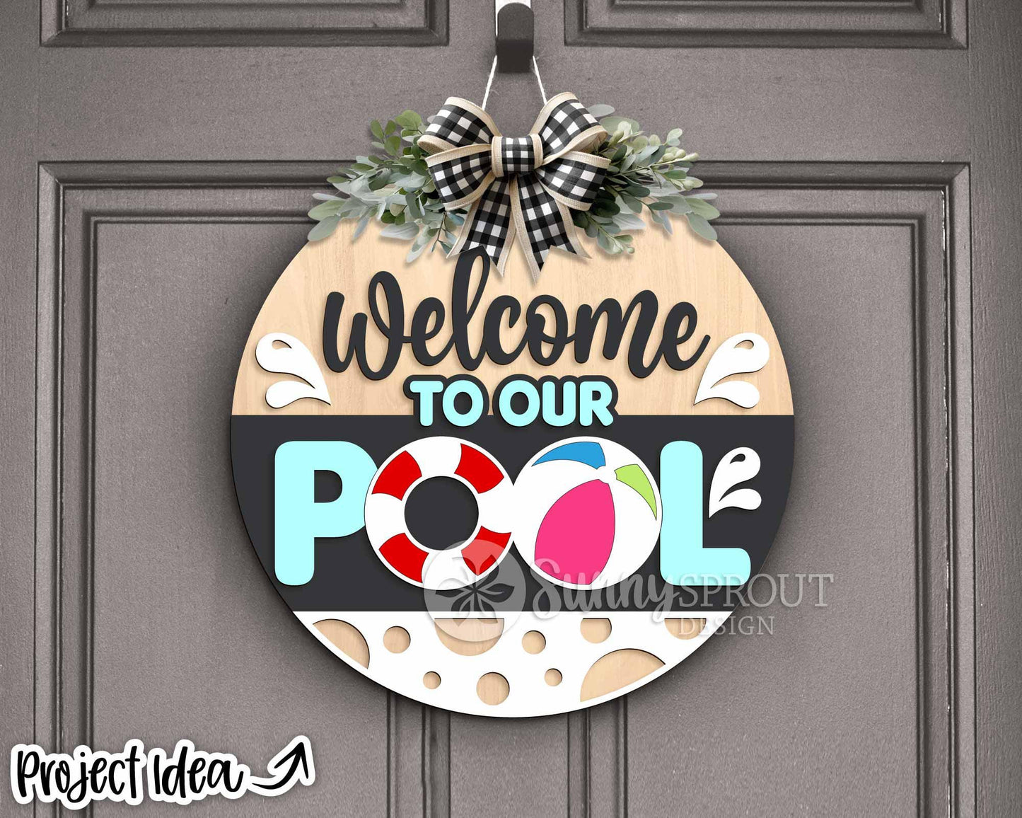 Welcome to Our Pool Sign, Digital Download, SVG Laser Cut File, Cricut, Summer Round Door Hanger Design