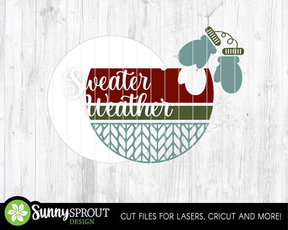 Sweater Weather Mittens Sign, Round door hanger, Glowforge laser file, Cricut, Christmas svg, Winter welcome sign svg