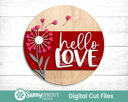 Hello Love Dandelion Hearts Sign, Digital Download, SVG Laser Cut File, Cricut, Round Door Hanger Design, Valentine's Day Decor