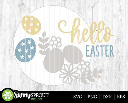 Hello Easter Floral Egg Sign, Digital download, SVG laser cut file, Cricut, Round door hanger design